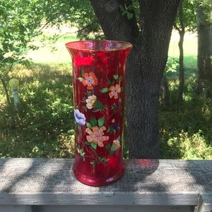 Vintage Handmade Italian Norleans Ruby Red Vase with Flowers